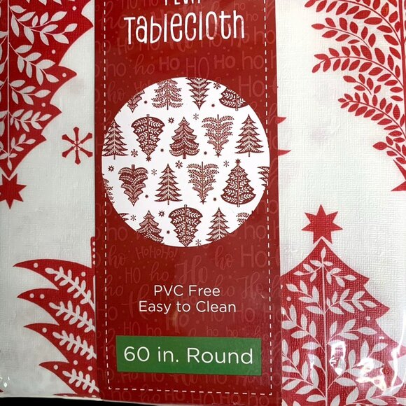 Winter Wonder Lane Christmas Tree Peva Vinyl Tablecloth 70in Round Red White - Picture 3 of 5